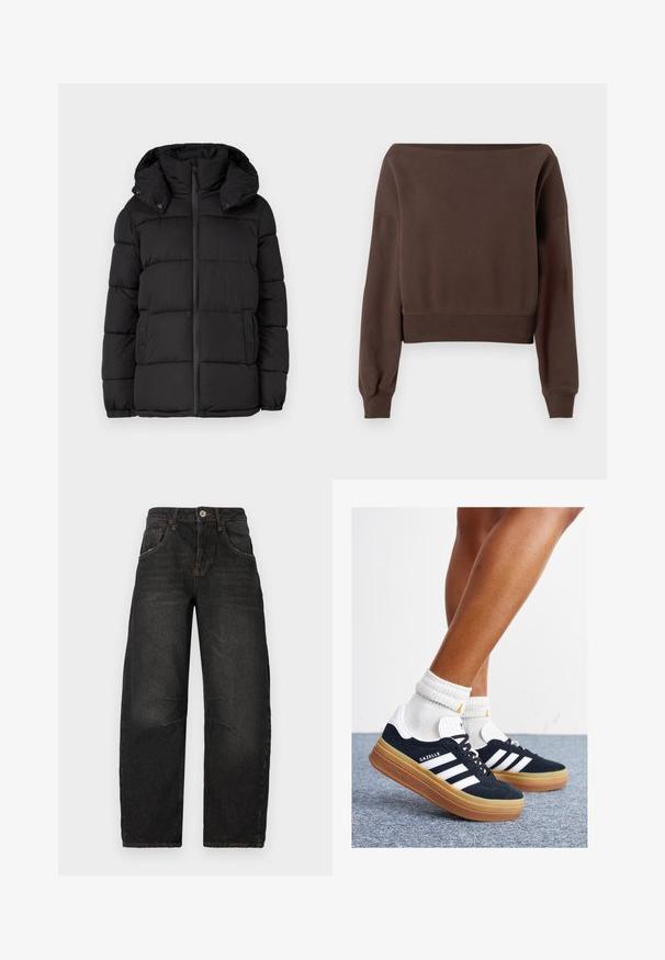 Svart puffer-jakke med hette, med horisontale quiltede paneler, frontlukking med glidelås og trykknappdetaljer på sidene.; Brun cropped hettegenser med vid halslinning, lange ermer og ribbestrikkede mansjetter og hem. Laget av mykt, teksturert stoff.; Svarte denimjeans med rett ben-design, fem lommer, synlig søm og lukking med knapp foran. Teksturert stoff med lett falming.; Svarte sneakers i semsket skinn med hvite striper og detaljer, rund tå, yttersåle i gummigummi, kombinert med hvite ribbestrikkede crew-sokker.