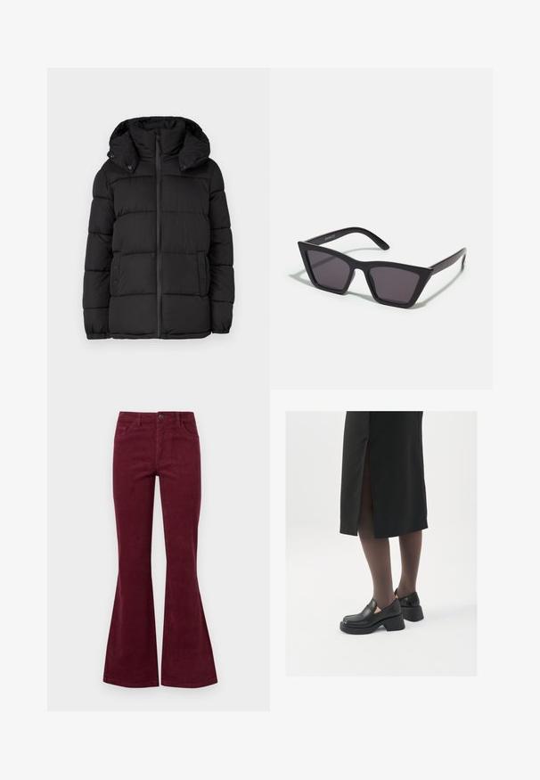 Casaco puffer preto com capuz, apresentando painéis acolchoados horizontais, fecho frontal em zíper e detalhes com botões de pressão nas laterais.; Top preto de gola alta, de manga curta, com um design ajustado, textura suave, costuras mínimas e uma gola alta.; Calças de veludo cotelê em bordeaux, com flare, cinco bolsos, fecho frontal por botão e tecido texturizado. O flare estende-se do joelho até a bainha.; Sapatos de couro pretos com bico arredondado, salto bloco grosso e detalhes elásticos laterais, combinados com meias escuras e uma saia preta com uma abertura.; Óculos de sol pretos, angulares, com lentes cinzas; feitos de plástico, apresentando hastes grossas com uma superfície lisa e sem hardware visível.; Pequena bolsa de creme com um acabamento texturizado, uma alça longa ajustável, um detalhe em corrente e um fecho de aba. Detalhes em hardware dourado.