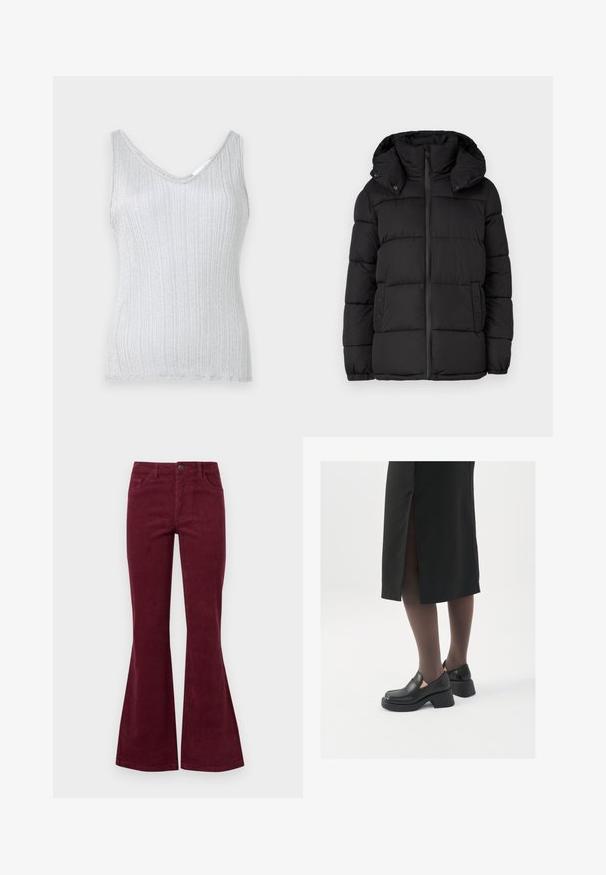 Fekete pufi dzseki kapucnival, vízszintes tűzött panelek, elülső cipzáras záródás és gombos részletek az oldalakon.; Ezüst csíkos ujjatlan póló, V-kivágással és széles pántokkal, puha textúrával és finom csillogással. Az alsó szél egyszerű bélelt szegéllyel van befejezve.; Bordó kordbársony széles szárú farmernadrág öt zsebel, elülső gombos záródással és texturált anyaggal. A széles szárak a térdtől a szegélyig terjednek.; Fekete bőr cipők lekerekített orral, vastag blokk sarkakkal és elasztikus oldalsó díszítésekkel, sötét harisnyával és hasítékkal ellátott fekete szoknyával párosítva.