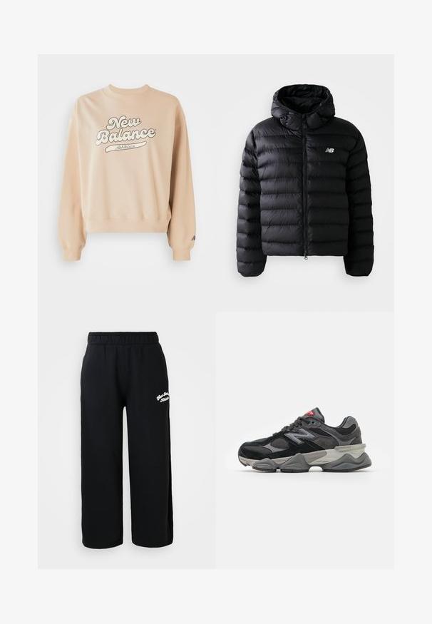 Chaqueta acolchada negra con capucha, con textura acolchada, cierre mediante cremallera y logo reflectante. Material suave y ligero.; Sudadera beige con cuello y puños acanalados. Presenta un gran logo de "New Balance Athletics" en gris oscuro. Textura suave, corte relajado.; Pantalones de chándal negros de algodón suave, con una cintura elástica y un corte corto. Pequeño texto bordado en blanco en el lateral.; Zapatilla negra y gris con una mezcla de materiales de ante y malla, suela gruesa, logotipo prominente y acento rojo en la lengüeta.