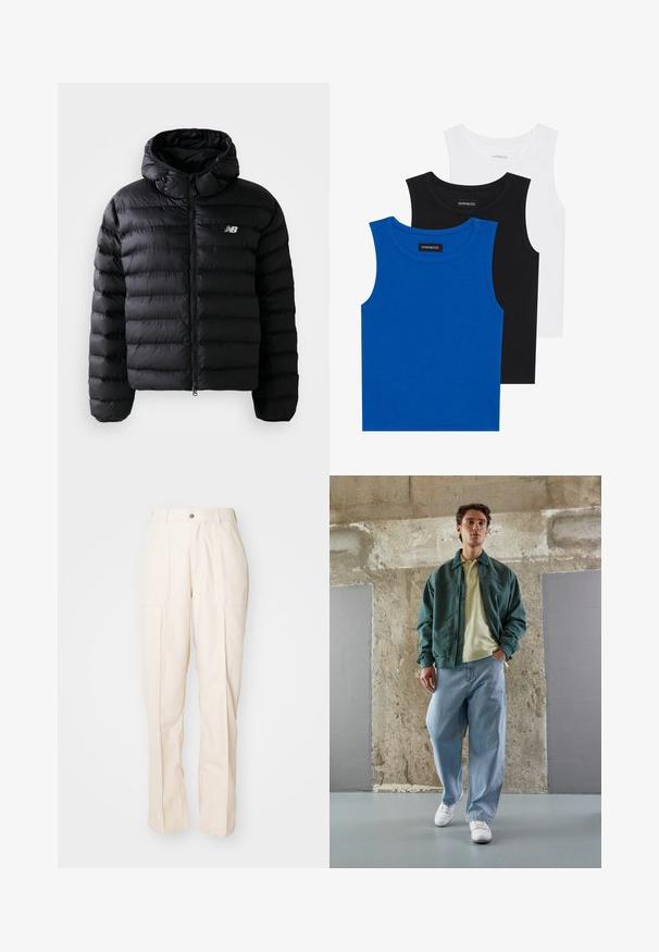 Črna puhovka s kapuco, ki ima prešito teksturo, zadrgo in odsevni logotip. Gladek, lahek material.; Tri majice bez rukavov v modri, črni in beli barvi. Tkanina je rebrasta z okroglo ovratnikom. Vsaka majica ima oznako "even&odd."; Bež hlače ravnega kroja iz mešanice bombaža. Imajo dva sprednja žepa, gumb za zapiranje in vidne šive.; Zeleno bomber jakno preko svetlo rumenega polo majice, v kombinaciji z ohlapnimi modrimi kavbojkami in belimi supergami. Gladki materiali, sproščen kroj, minimalna oprema.