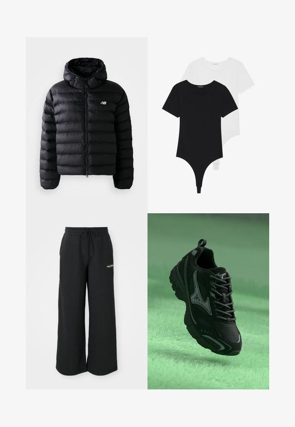 Mustapuffer takki hupulla, jossa on tikattu pinta, vetoketjukiinnitys ja heijastava logo. Silkkinen, kevyt materiaali.; Mustat ja valkoiset lyhythihaiset bodysuitit, joissa on pyöreä pääntie ja thong-tyyliset alaosat, valmistettu sileästä, joustavasta kankaasta.; Mustat leveät collegehousut, jotka on valmistettu pehmeästä kankaasta. Niissä on elastinen vyötärö, jossa on naru, sekä pieni logo vasemmalla puolella.; Musta urheilukenkä, jossa on teksturoitu pinta, harmaat yksityiskohdat ja nauhat. Siinä on näkyvä brändilogo ja pehmustettu pohja tuen tarjoamiseksi.