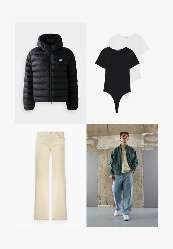 Melna pūkaina jaka ar kapuci, ar kvadrātveida tekstūru, rāvējslēdzēja aizdari un atstarojošu logo. Gluda, viegla materiāla.; Melnbalti īsām piedurknēm bodiji ar apaļu kakla izgriezumu un tanga apakšdaļu, izgatavoti no gludas, elastīgas auduma.; Beigās taisnās kājas bikses, izgatavotas no kokvilnas, ar priekšējo pogu aizdari, piecām kabatām un minimālu šuvju detaļu.; Zaļš bumbers ar gaismas dzeltenu polo, kopā ar brīvām zilo džinsu biksēm un baltām sporta apaviem. Gludi audumi, brīvs piegriezums, minimāls aprīkojums.