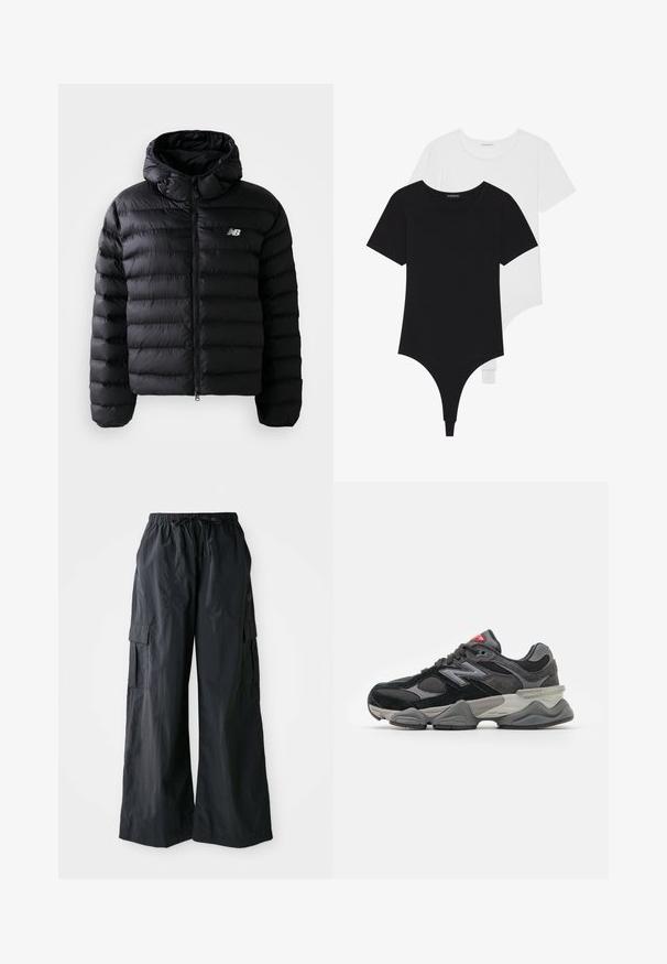 Fekete pufi dzseki kapucnival, tűzött textúrával, cipzáras záródással és fényvisszaverő logóval. Simma, könnyű anyag.; Fekete és fehér, rövid ujjú bodyszutok kerek dekoltázzsal és tanga alsó résszel, sima, rugalmas anyagból készült.; Fekete cargo nadrág, könnyű anyagból készült, széles lábbetéttel, rugalmas derékpánttal és több oldalsó zsebbel. Egyszerű és praktikus.; Fekete és szürke sportcipő, amely velúr és hálós anyagok keverékéből készült, vastag talppal, hangsúlyos logóval és piros akcentussal a nyelvén.
