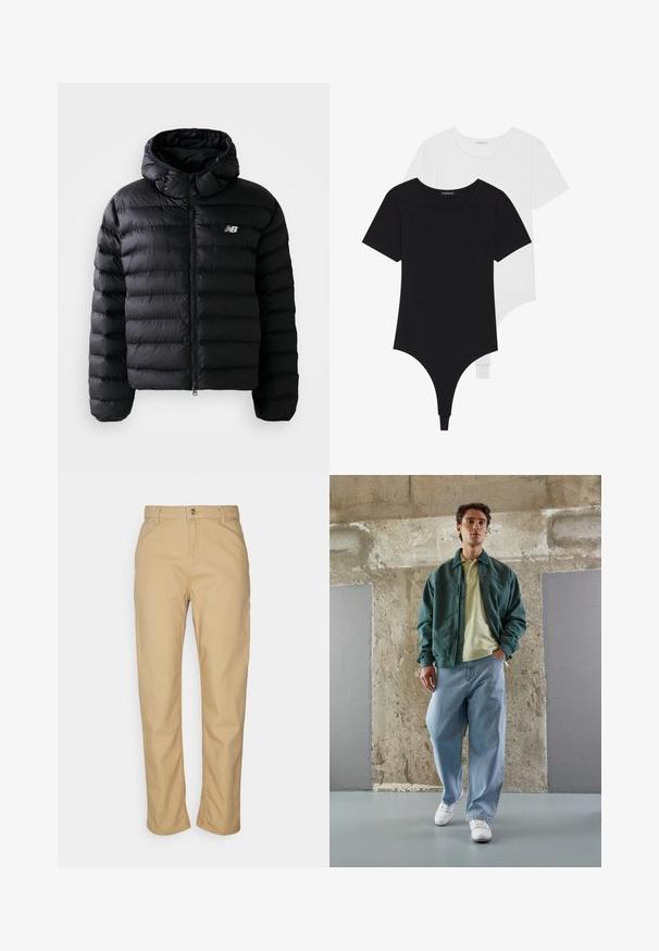 Schwarze Daunenjacke mit Kapuze, mit gestepptem Muster, Reißverschluss und reflektierendem Logo. Glattes, leichtes Material.; Schwarz-weiße kurzärmelige Bodysuits mit Rundhalsausschnitten und Tanga-Style, aus glattem, dehnbarem Stoff gefertigt.; Carhartt WIP PIERCE PANT - Stoffhose - tan; Grüne Bomberjacke über einem hellgelben Polo, kombiniert mit lockeren blauen Jeans und weißen Sneakers. Glatte Stoffe, entspannte Passform, minimalistische Hardware.