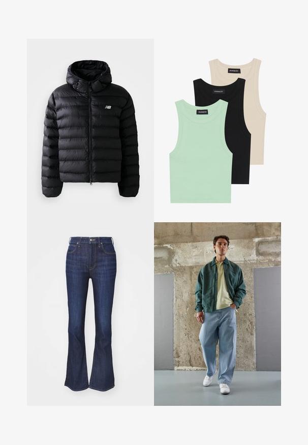 Černá péřová bunda s kapucí, s prošívanou strukturou, zapínáním na zip a reflexním logem. Hladký, lehký materiál.; Tři tílka v mátové zelené, černé a béžové barvě; vyrobená z žebrované látky s kulatým výstřihem a bez rukávů. Viditelná značková etiketa.; Džíny v tmavém denimovém provedení s rozšířenou nohavicemi, s předním zapínáním na knoflík a zip, a pěti kapsami s kontrastním prošíváním.; Zelená bomber bunda přes světle žluté polo tričko, doplněná o volné modré džíny a bílé tenisky. Hladké materiály, pohodlný střih, minimum kovových prvků.