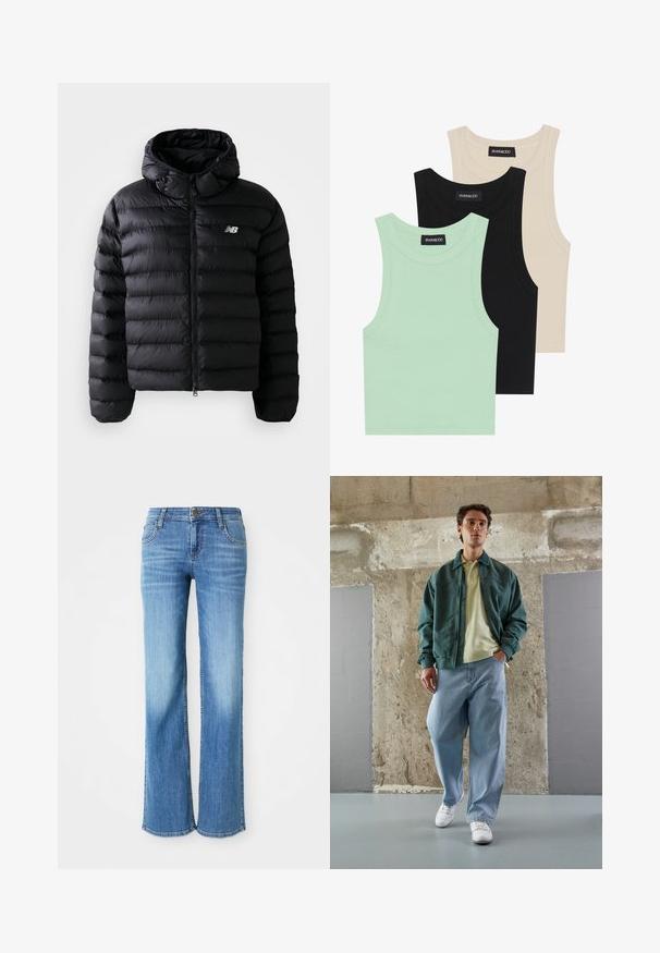 Must must tunk jacket, mille varrukatega, koos quiltitud tekstuuriga, tõmbluku sulgemise ja peegeldava logoga. Sujuv, kerge materjal.; Kolm t-särki mentool verdes, mustas ja beežis; ribakangast, ümmarguse kaelusega ja ilma varrukateta. Brändi silt on nähtav.; Heledad sinine teksapüksid, sirge lõikega, viie taskuga ja klassikalise nööpidega kinnitusega, millel on brändi silt vöökoha peal.; Roheline bomber jaki kerge kollase polo peal, koos laia sinise teksapükste ja valgete tossudega. Siledad kangad, mugav istuvus, minimaalne riistvara.