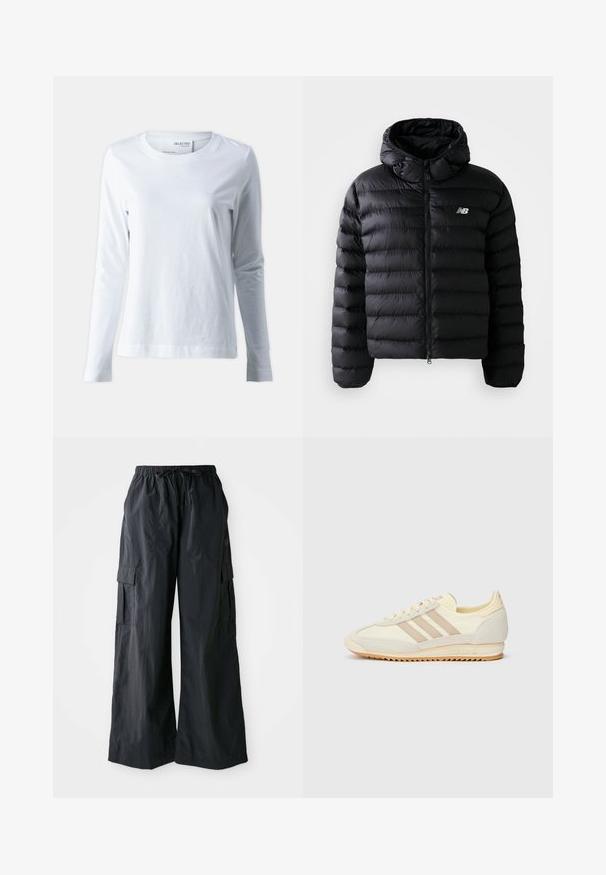 Sort puff jakke med hætte, med quiltet tekstur, lynlås lukning og reflekterende logo. Glat, letvægts materiale.; Hvid langærmet t-shirt lavet af blødt bomuld. Har en rund halsudskæring og tætsiddende ærmer. Glat tekstur med et enkelt design.; Sorte cargo-bukser lavet af letvægtigt stof, med vidde i benene, elastisk talje og flere sidelommer. Enkle og funktionelle.; Creme atletisk sneakers med tre beige striber, lavet af ruskind og tekstilmaterialer, en struktureret sål og prægede mærker på hælen.