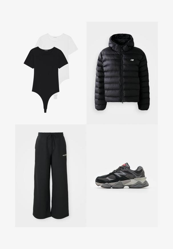 Zwarte pufferjack met capuchon, met een geborduurde textuur, ritssluiting en reflecterend logo. Glad, lichtgewicht materiaal.; Zwart-witte korte mouwen bodysuits met ronde halzen en stringonderdelen, gemaakt van glad, rekbaar stof.; Zwarte sweatpants met wijde pijpen, gemaakt van zachte stof. Ze hebben een elastische tailleband met een trekkoord en een klein logo aan de linkerkant.; Zwarte en grijze sneaker met een mix van suede en mesh materialen, dikke zool, opvallend logo en een rode accent op de tong.