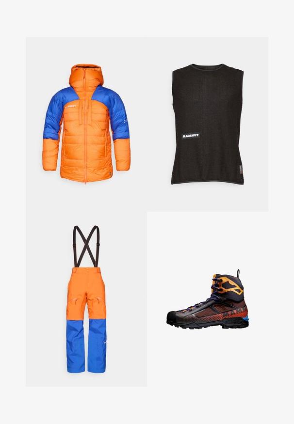Giacca imbottita con pannelli arancioni e blu, caratterizzata da un alto collo, motivo a griglia e chiusura frontale con zip. Logo del marchio ben visibile sul petto.; Top senza maniche di colore nero realizzato in materiale texturizzato, con un logo "Mammut" bianco e una piccola etichetta rossa sul lato, scollatura rotonda.; Pantaloni impermeabili arancioni e blu con bretelle regolabili nere, tasche anteriori con zip e pannelli rinforzati sulle ginocchia per attività all'aperto.; Scarponcino da trekking nero e arancione con materiali in rete e gomma. Presenta accenti blu, motivi testurizzati e un design alto alla caviglia per supporto.