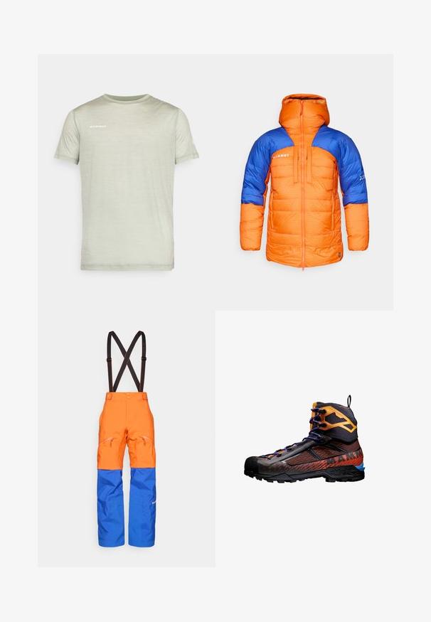 Giacca imbottita con pannelli arancioni e blu, caratterizzata da un alto collo, motivo a griglia e chiusura frontale con zip. Logo del marchio ben visibile sul petto.; T-shirt verde chiaro a maniche corte realizzato in tessuto morbido. Presenta un colletto rotondo e il logo "MAMMUT" stampato in bianco sul petto.; Pantaloni impermeabili arancioni e blu con bretelle regolabili nere, tasche anteriori con zip e pannelli rinforzati sulle ginocchia per attività all'aperto.; Scarponcino da trekking nero e arancione con materiali in rete e gomma. Presenta accenti blu, motivi testurizzati e un design alto alla caviglia per supporto.
