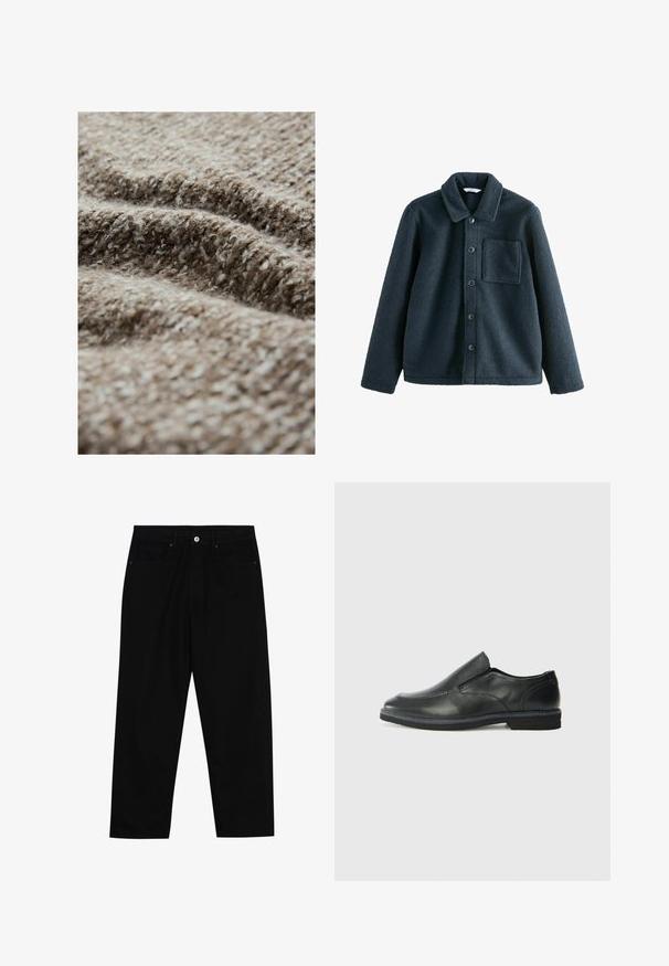 Giacca in pile blu scuro con colletto, chiusura a bottoni e una tasca sul petto. Tessuto morbido, vestibilità comoda.; Tessuto marrone testurizzato con un aspetto peloso, caratterizzato da una miscela di fibre chiare e scure, che mostra un motivo intrecciato e uno spessore variabile.; Pantaloni in denim nero con taglio dritto, design a cinque tasche e chiusura frontale con bottone. Tessuto liscio con dettagli di cucitura minimi.; Scarpa nera in pelle con inserto scivolare, superiore liscio, dettagli cuciti, punta arrotondata e tacco in gomma basso. La suola presenta un battistrada minimale.