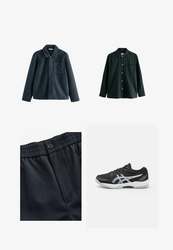 Tmavě modrá fleecová bunda s límečkem, zapínáním na knoflíky a jednou náprsní kapsou. Měkká textura, uvolněný střih.; Temně zelená košile na knoflíky s límečkem, dlouhými rukávy a jednou kapsou na prsou; má bílé knoflíky a měkkou texturu.; Námořnická modrá, lehká tkanina s hladkým povrchem. Obsahuje elastický pas s knoflíkovým uzávěrem a jednu boční kapsu.; Černá sportovní obuv s vrškem z prodyšného materiálu, reflexním stříbrným logem, gumovou podrážkou a bílými detaily. Nabízí polstrovaný límec a odolnou konstrukci.