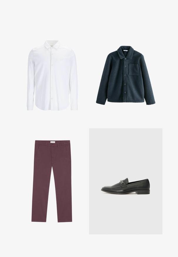 Chaqueta de forro polar azul oscuro con cuello tipo solapa, cierre de botones y un bolsillo en el pecho. Textura suave, corte relajado.; Camisa blanca de manga larga y botón, hecha de tejido suave, con un cuello clásico, placket frontal y un sutil acento de logo en el pecho.; Pantalones de algodón color burdeos con un diseño de pierna recta, que cuentan con dos bolsillos laterales y un cierre frontal con botón. Textura suave y sin patrones visibles.; Mocasín de cuero negro con un acabado suave, que cuenta con un diseño de costura y un acento decorativo de cadena de metal en el empeine. Tacón plano.
