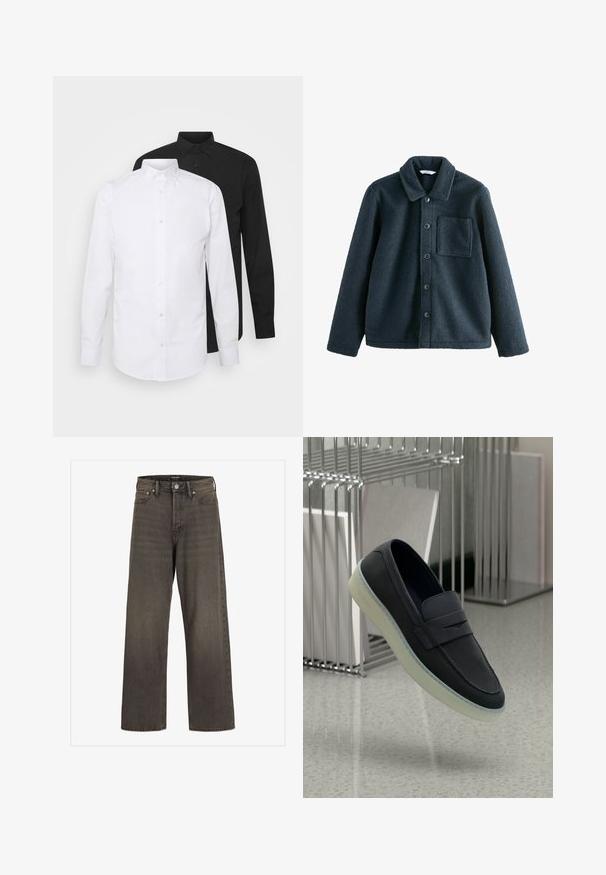Tmavomodrá fleecová bunda s golierom, zapínaním na gombíky a jednou náprsní taškou. Mäkka textúra, voľný strih.; Dvoje košiel s dlhým rukávom, jedna biela a jedna čierna, s ostrým golierom a gombíkovým zapínaním, vyrobené z hladkej látky.; Džínsy s širokými nohavicami v tmavošedej džínsovine, s vysokým pásom, klasickým dizajnom s piatimi vreckami a kontrastným šitím pozdĺž švov.; Námornícke kožené mokasíny s okrúhlou špičkou, so zdobným pásikom a priesvitnou gumovou podrážkou. Jemné logo na boku.