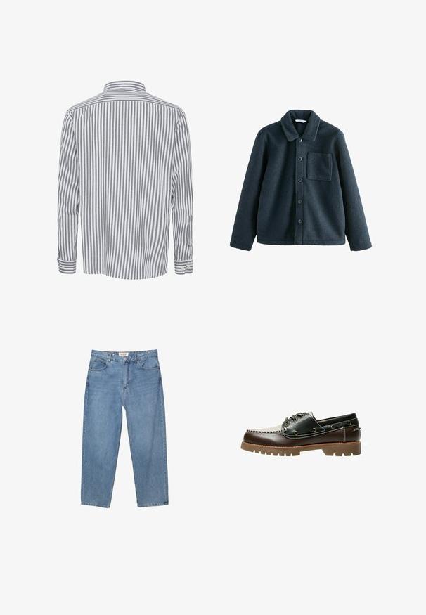 Jachetă din fleece de culoare bleu închis, cu guler, închidere cu buton și un singur buzunar pe piept. Textură moale, croială confortabilă.; Cămașă cu mânecă lungă și guler clasic, având dungi verticale alternativ alb-negru, din bumbac, cu manșete cu buton.; Jeans din denim albastru deschis, cu croială dreaptă, design cu cinci buzunare și o etichetă de brand vizibilă la talie.; Pantof de barcă din piele maro și neagră, cu șireturi, cusături contrastante și talpă din cauciuc texturată. Are orificii metalice pentru șireturi și vârf rotunjit.