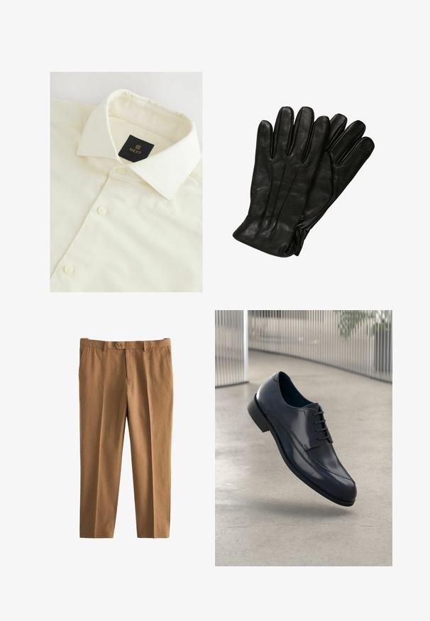 Ciemnoniebieska bluza polarowa z kołnierzykiem, zapięciem na guziki oraz jedną kieszenią na piersi. Miękka w dotyku, luźny krój.; Kremowa koszula z kołnierzykiem o teksturowanej tkaninie, z czarną metką "NEXT" i białymi guzikami wzdłuż plisy z przodu.; Brązowe spodnie z fakturowanej tkaniny, luźny krój, zapięcie na pojedynczy guzik i szlufki na pasek. Posiada kieszenie boczne oraz prostą nogawkę.; Lśniący czarny skórzany but na obcasie z sznurówkami, unoszący się nad gładką, jasnoszarym podłogą oraz pionowymi metalowymi prętami w tle.; Czarne skórzane rękawiczki o gładkiej fakturze, pięć palców i subtelne detale w szwach. Klasyczny design, odpowiednie do użytku w zimnych warunkach.