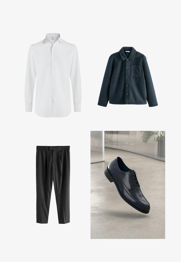 Tamsiai mėlyna vilnos striukė su apykakle, mygtukų užsegimu ir viena krūtinės kišene. Minkšta tekstūra, laisvas siluetas.; Balta ilga rankovė marškiniai, pagaminti iš storo medvilninio audinio, su klasikiniu apykakle, priekyje su mygtukų užsegimu ir suapvalintu kraštu, turintys mygtukinių rankovių. ; Next REGULAR FIT -CHECK SMART - Chino stiliaus kelnės - black; Blizgūs juodi odiniai suknelės batai su raišteliais, skirti pakibti virš lygaus, šviesiai pilko grindų paviršiaus ir vertikalių metalinių strypų fone.