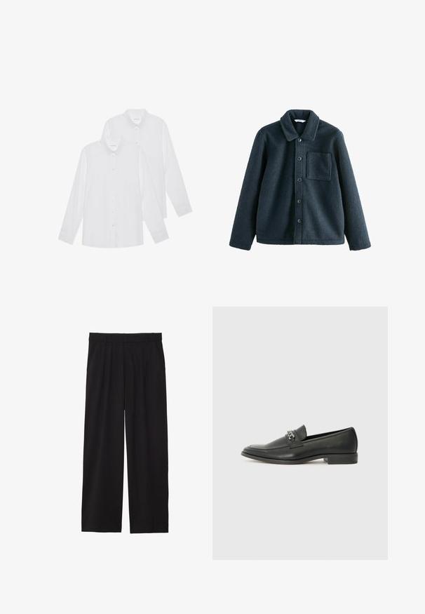 Donkerblauwe fleecejack met een kraag, knoopsluiting en een enkele borstzak. Zachte textuur, ontspannen pasvorm.; Witte overhemden met lange mouwen in een verpakking van twee, voorzien van knoopsluiting aan de voorkant, kraag en manchetten, gemaakt van een zachte stof zonder patronen.; Zwarte wijde broek met geplooide voorkant, zijzakken en een gladde stoftextuur. Ontworpen voor een ontspannen pasvorm.; Zwarte leren instapper met een gladde afwerking, voorzien van een gestikt ontwerp en een decoratieve metalen kettingaccent over de wreef. Platte hak.