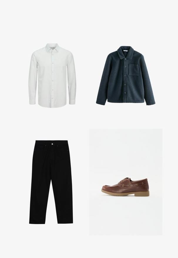 Tmavomodrá fleecová bunda s golierom, zapínaním na gombíky a jednou náprsní taškou. Mäkka textúra, voľný strih.; Biela dlhá košeľa s dlhým rukávom vyrobená z ľahkého materiálu, s klasickým golierom a jemnou textúrou. Tlačidlá v zodpovedajúcej farbe.; Čierne denimmové nohavice s rovný strihom, dizajnom s piatimi vreckami a upínaním na prednej strane. Hladká textúra s minimálnymi detailmi šitia.; Hnedé kožené loďové topánky s okrúhlou špičkou, textúrovanou podrážkou, zlatými očkami a detailom prešívania pozdĺž hornej časti pre klasický dizajn.