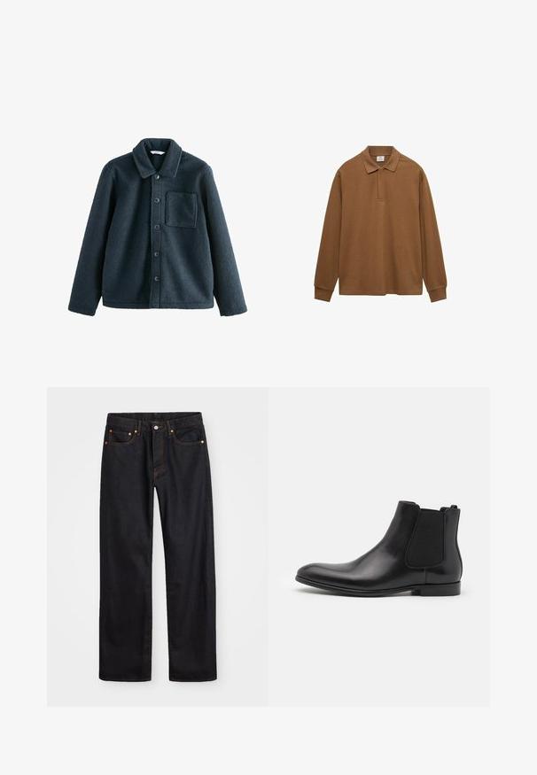 Tmavě modrá fleecová bunda s límečkem, zapínáním na knoflíky a jednou náprsní kapsou. Měkká textura, uvolněný střih.; Hnědá polo košile s dlouhým rukávem vyrobená z bavlny, s límečkem, knoflíkovou légou a pružnými manžetami; hladká textura a volný střih.; Pánské černé džíny rovného střihu s pěti kapsami a oranžovým prošíváním, s knoflíkem a zipem na předním pásku.; Černá kožená Chelsea bota s elastickými bočními panely, zaoblenou špičkou a hladkým povrchem. Plochá gumová podrážka a minimalistický design.