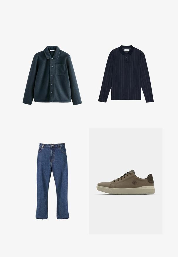 Tamsiai mėlyna vilnos striukė su apykakle, mygtukų užsegimu ir viena krūtinės kišene. Minkšta tekstūra, laisvas siluetas.; Jūros mėlynos ilgos rankovės polo marškiniai su apykaklės iškirpte, su plonomis vertikaliomis juostelėmis ir trims mygtukais. Minkšta audinio tekstūra.; Tamsiai mėlynos džinsinės kelnės, tiesaus kirpimo, klasikiniu penkių kišenių stiliumi ir matomomis siūlėmis.; Rudos odinės sportbačiai su žemu profiliu, guminėmis padangomis ir žaliais akcentais; šone yra logotipas ir tekstūruoti paneliai, užtikrinantys sukibimą.