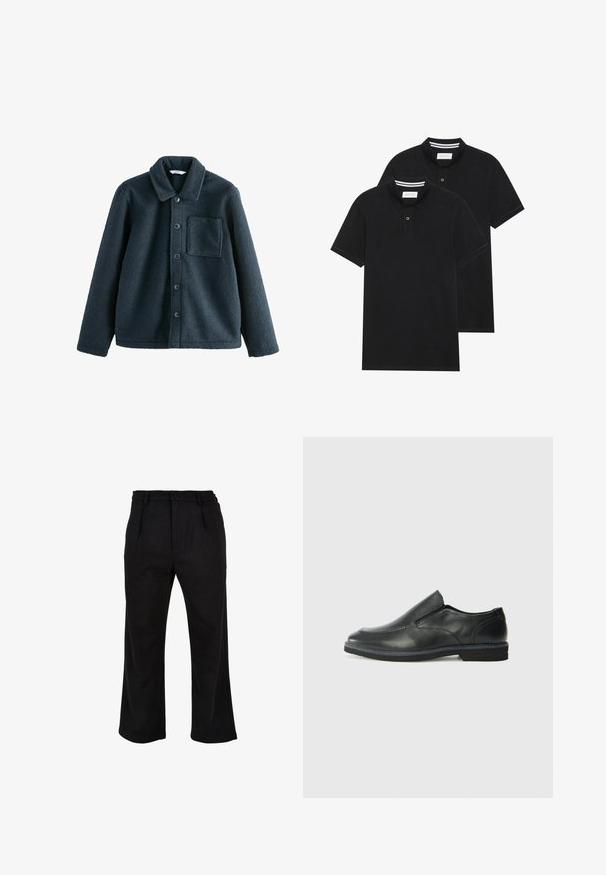 Tume sinine fliisjakker, millel on krae, nööbid kinni paisatud ja ühe rinnatasku. Pehme tekstuur, mõõdukas istuvus.; Kaks musta polo särki, lühikeste varrukatega, puuvillane materjal, klassikalise kraega, kahe nupuga kinnitusega, valgete triipudega krae sisepinnal.; Mustad sirged püksid nuppude ja tõmbluku sulgemisega, vöödega ja küljetaskutega, esitatud valge tausta ees.; Must musta laia suuga king, millel on sile ülemine osa, õmmeldud detailid, ümmargune nina ja madal kummist konts. Tallal on minimaalne mustr.