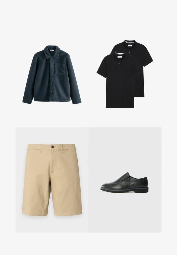 Giacca in pile blu scuro con colletto, chiusura a bottoni e una tasca sul petto. Tessuto morbido, vestibilità comoda.; Due magliette polo nere, con maniche corte, in cotone, con colletto classico, pattina a due bottoni e dettagli a righe bianche all'interno del colletto.; GAP VINTAGE - Shorts - khaki; Scarpa nera in pelle con inserto scivolare, superiore liscio, dettagli cuciti, punta arrotondata e tacco in gomma basso. La suola presenta un battistrada minimale.