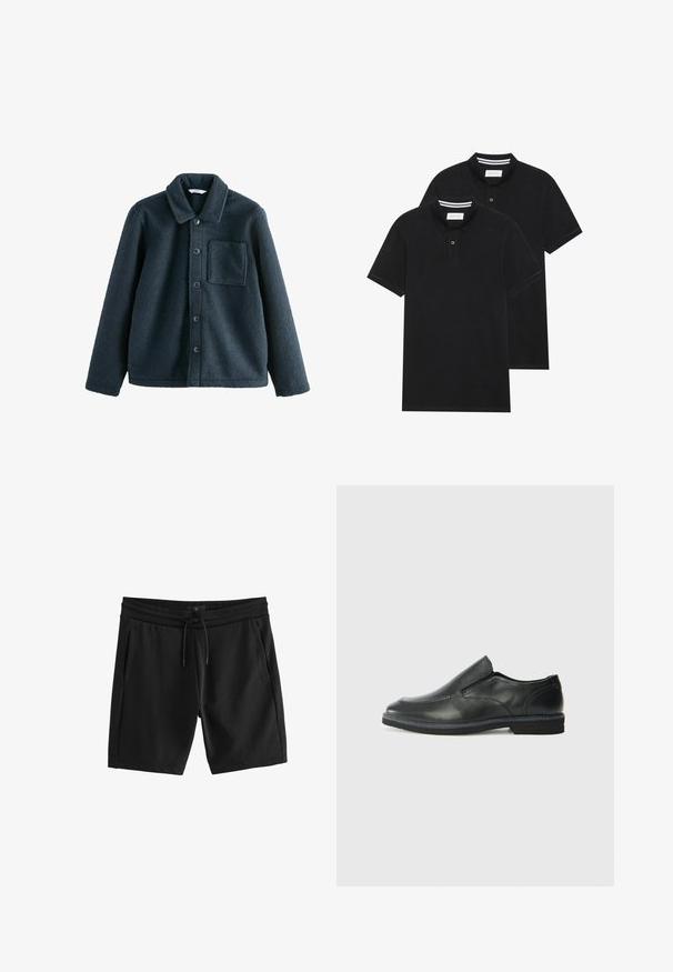 Tamsiai mėlyna vilnos striukė su apykakle, mygtukų užsegimu ir viena krūtinės kišene. Minkšta tekstūra, laisvas siluetas.; Du žaidimų juodos polo marškiniai, trumpomis rankovėmis, pagaminti iš medvilnės, su klasikinėmis apykaklėmis, dviem mygtukais priekyje ir baltais dryžiais apykaklės viduje.; Juodos sportinės šortai, pagaminti iš minkštos medvilnės mišinio, su elastinga juosmena ir raišteliu, bei dviem šoninėmis kišenėmis.; Juodai odiniai įtvirtinimo batai su lygiu paviršiumi, siuvinėjimo akcentais, apvalia nosimi ir žemu guminiu kulnu. Pado raštas minimalus.