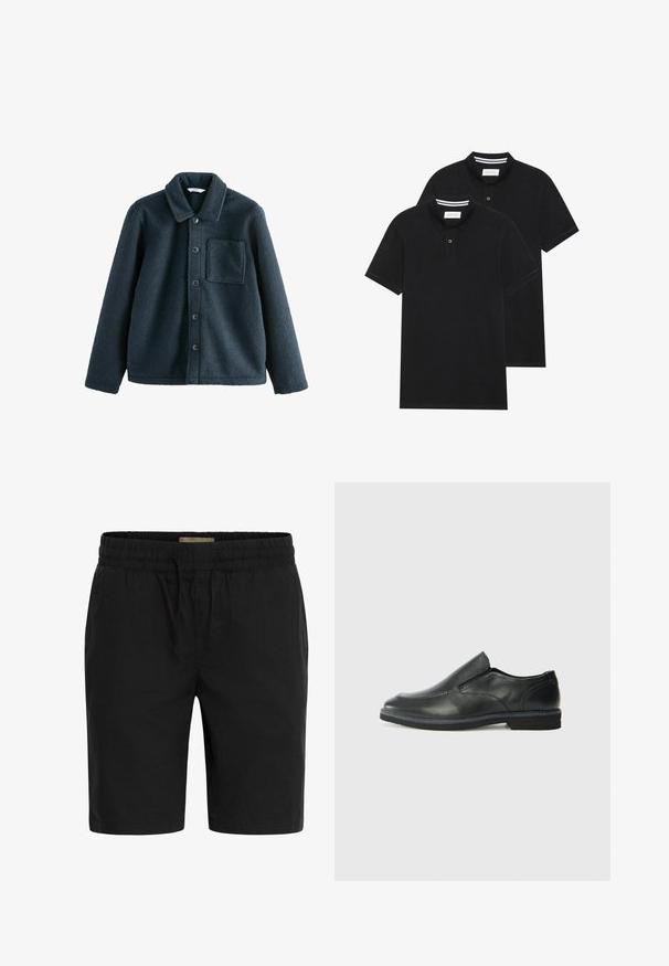 Tmavě modrá fleecová bunda s límečkem, zapínáním na knoflíky a jednou náprsní kapsou. Měkká textura, uvolněný střih.; Dvě černé polokošile s krátkým rukávem z bavlny, s klasickým límcem, dvouknoflíkovou légou a bílými pruhovanými akcenty uvnitř límce.; Černé šortky vyrobené z lehkého materiálu, s elastickým pasem a stahovací šňůrkou, a bočními kapsami pro pohodlí.; Černá kožená nazouvací bota s hladkým svrškem, prošívanými detaily, zaoblenou špičkou a nízkým gumovým podpatkem. Podešev má minimální vzorek.