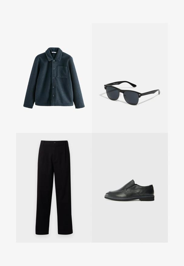 Tmavomodrá fleecová bunda s golierom, zapínaním na gombíky a jednou náprsní taškou. Mäkka textúra, voľný strih.; Biela bavlnená tričko s krátkymi rukávmi, okrúhlym výstrihom a malým čiernym logom na hrudi. Hladká textúra a voľný strih.; Čierne látkové nohavice so rovný strihom, prednými záhybmi a jedným gombíkom na zapínanie. Hladká textúra a bez viditeľných vzorov.; Čierny kožený nazúvací topánka s hladkým zvrškom, prešitými akcentmi, zaoblenou špičkou a nízkym gumovým podpätkom. Podošva má minimálny dezén.; Čierne slnečné okuliare s obdĺžnikovým tvarom, tmavými sklami, striebornými akcentmi na bočných okrajoch a matným povrchom rámu.