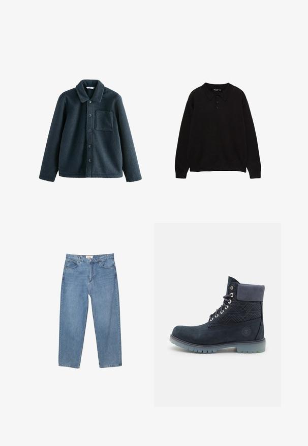 Sötétkék polárdzseki, galléros nyakkal, gombos zárással és egyetlen mellzsebbel. Puha tapintású, laza szabású.; Fekete hosszúujjú pólóing galléros nyakkal, háromgombos légzéssel és bordázott mandzsettákkal és hemmeddel, texturált anyagból készült.; Világoskék farmernadrág, egyenes szárú fazonnal, öt zsebes kialakítással és látható márkás címkével a derekán.; Timberland Fűzős bokacsizmák - navy