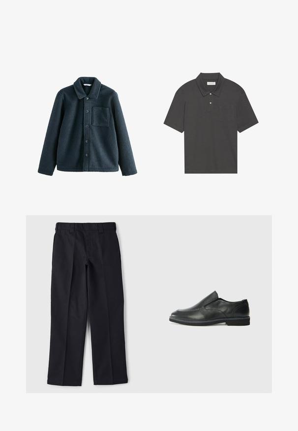 Tume sinine fliisjakker, millel on krae, nööbid kinni paisatud ja ühe rinnatasku. Pehme tekstuur, mõõdukas istuvus.; Tumehall polo särk traditsioonilise kraega, kolme nööbiga kinnitus, lühikesed varrukad ja vasakul rinnal tasku. Sile kangastekstuuri.; Mustad mustadest riidest püksid, sirge lõikega, vöökoha juures vöökohaga ja ilma nähtavate taskuteta või kaunistusteta.; Must musta laia suuga king, millel on sile ülemine osa, õmmeldud detailid, ümmargune nina ja madal kummist konts. Tallal on minimaalne mustr.