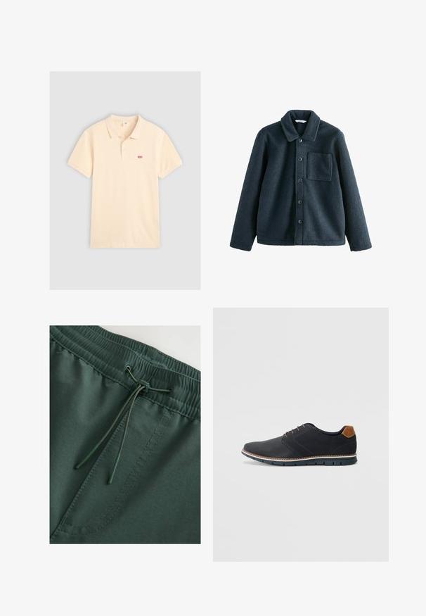 Sötétkék polárdzseki, galléros nyakkal, gombos zárással és egyetlen mellzsebbel. Puha tapintású, laza szabású.; Világos krémszínű pólóing, puha pamutból készült, klasszikus gallérral, rövid ujjakkal rendelkezik, és a bal mellen egy kis piros Levi's logó található.; Sötétzöld, rugalmas derékpánttal ellátott sportnadrág, zsinórral, sima felülettel és látható varrási részletekkel. Egyszerű, funkcionális dizájn.; Fekete szintetikus cipők, textúrált felsőrésszel, sima díszítésekkel, barna sarkával és kontrasztos talppal. Minimális fűzéssel és varrási részletekkel rendelkezik.