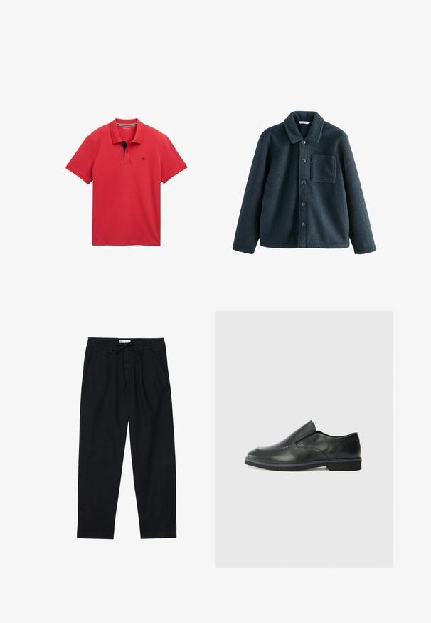 Giacca in pile blu scuro con colletto, chiusura a bottoni e una tasca sul petto. Tessuto morbido, vestibilità comoda.; Polo rosso in cotone con colletto classico, patta con due bottoni e un dettaglio nero a contrasto al collo. Include il logo.; Pier One Chino - black; Scarpa nera in pelle con inserto scivolare, superiore liscio, dettagli cuciti, punta arrotondata e tacco in gomma basso. La suola presenta un battistrada minimale.