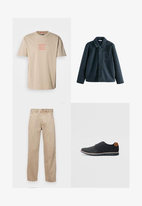 Mörkblå fleecejacka med krage, knappstängning och en bröstficka. Mjuk textur, avspänd passform.; Beige bomulls t-shirt med rund hals, korta ärmar och röd tryckt text: "SCOTCH & SODA ART DEPT. CLASS OF '85 AMSTERDAM."; Beige denimjeans med rak passform, som har framfickor, metallknappstängning och subtil textur.; Svarta syntetiska skor med en strukturerad ovandel, släta detaljer, brun klack och en kontrasterande sula. Har minimal snörning och sömdetaljer.