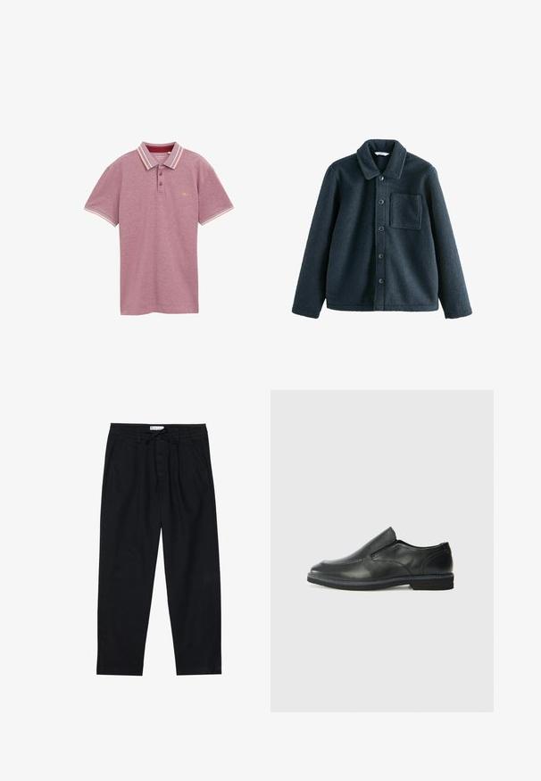 Dunkelblaue Fleecejacke mit Kragen, Knopfverschluss und einer Brusttasche. Weicher Stoff, lockere Passform.; Burgunderrotes Poloshirt, kurze Ärmel, Strickstoff, Zwei-Knopf-Leiste, gestreifter Kragen und Ärmelsäume in kontrastierenden Farben, Logo auf der Brust.; Pier One Chino - black; Schwarze Leder-Slipper mit glattem Obermaterial, gesteppten Akzenten, runder Zehenpartie und niedrigem Gummiabsatz. Die Sohle hat ein minimales Profil.