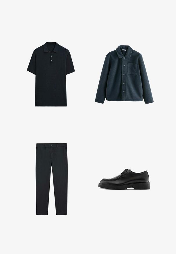 Donkerblauwe fleecejack met een kraag, knoopsluiting en een enkele borstzak. Zachte textuur, ontspannen pasvorm.; Donker marineblauw polo shirt met korte mouwen van gemêleerd breisel, voorzien van een kraag en een drieknoopsluiting, met een rechte zoom.; Zwarte broek met een recht ontwerp, gemaakt van een soepele stof. Bevat twee voorzakken en een knoopsluiting bij de taille.; Zwarte leren schoenen met een afgeronde neus, subtiele stiksels, vetersluiting en een dikke zwarte rubberen zool voor extra duurzaamheid.