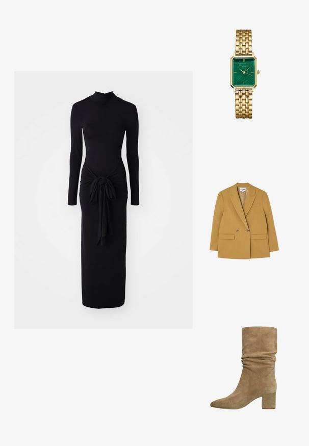 Double-breasted yellow blazer with notched lapels, two front pockets, and brown buttons, featuring a structured silhouette and smooth texture.; Long-sleeve black dress with a high neckline, knotted waist detail, and a sleek, fitted silhouette. Made from stretch fabric.; Taupe suede ankle boot with a slouchy design, pointed toe, and a block heel. Smooth texture with seam detailing along the sides.; Brown leather crossbody bag with logo pattern, gold chain strap, zipper closure, and gold hardware accents. Compact and rectangular shape.; Gold-tone metal watch with a rectangular face featuring a green marbled dial. Octagonal bezel and linked bracelet strap.