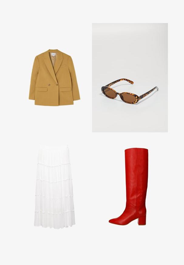 Dubbelzijdige gele blazer met gekartelde revers, twee kleine voorzakken en bruine knopen, met een gestructureerde silhoutte en een soepele textuur.; Witte katoenen tanktop met een ronde halslijn, zonder mouwen en een getailleerde vorm. Soepele textuur, eenvoudig ontwerp en minimale stikdetails.; Witte gestapelde rok van lichtgewicht stof, met een rekbare tailleband, ruches en een vloeiende ontwerp dat tot halverwege de kuit reikt.; Rode leren kniehoge laars met een puntige neus en een chunky blokhak, met een gladde textuur en een strak, modern ontwerp.; Schildpadbril met ovale monturen, bruine lenzen en slanke zwarte armen met subtiele patroonaccenten.; Goudkleurig metalen horloge met een rechthoekige wijzerplaat met een groene gemarmerde wijzerplaat. Octagonale bezel en een schakelarmband.