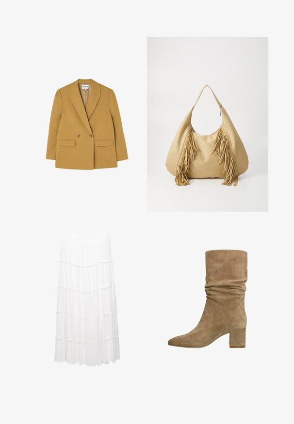 Dubbelzijdige gele blazer met gekartelde revers, twee kleine voorzakken en bruine knopen, met een gestructureerde silhoutte en een soepele textuur.; Twee tanktops tentoongesteld, één zwart en één wit. Beide hebben een geribbelde textuur en brede bandjes met een ronde halslijn.; Witte gestapelde rok van lichtgewicht stof, met een rekbare tailleband, ruches en een vloeiende ontwerp dat tot halverwege de kuit reikt.; Taupe suède enkellaars met een slouchy ontwerp, puntige neus en blokhak. Vanzelfsprekend textuur met naaddetails aan de zijkanten.; Tan suède schoudertas met een grote opening en lange franjes aan beide zijden, met een gladde textuur en een enkele handgreep.