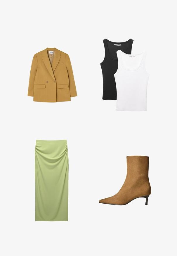 Doppelreihige gelbe Blazerjacke mit Reverskragen, zwei vorderen Taschen und braunen Knöpfen, die eine strukturierte Silhouette und eine glatte Textur bietet.; Zwei Tanktops sind ausgestellt, eines schwarz und eines weiß. Beide haben eine gerippte Textur und breite Träger mit einem abgerundeten Ausschnitt.; Hoch-taillierter, bodenlanger Rock aus weichem, hellgrünem Stoff. Verfügt über geraffte Details an der Seite für Textur und Fall.; Braune Wildleder-Ankle-Boots mit spitzem Zeh und niedrigem Kitten-Heel. Schlankes, elegantes Design mit einer glatten Textur und minimalen Akzenten.