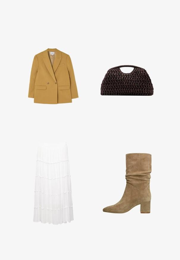 Doppelreihige gelbe Blazerjacke mit Reverskragen, zwei vorderen Taschen und braunen Knöpfen, die eine strukturierte Silhouette und eine glatte Textur bietet.; Ein schlichtes, weißes T-Shirt aus Baumwolle mit rundem Halsausschnitt, kurzen Ärmeln und lockerer Passform. Glatte Textur ohne Muster oder Akzente.; Weiße, gestufte Rock aus leichtem Stoff, mit einem dehnbaren Bund, Rüschenschichten und einem fließenden Design, das bis zur Mitte der Wade reicht.; Taupe Wildleder-Ankle-Boot mit lässigem Design, spitzer Zehenform und Blockabsatz. Glatte Textur mit Nahtdetails an den Seiten.; Geflochtener brauner Handtasche mit runder Silhouette, ausgestattet mit einem oberen Griff und strukturierten Oberfläche. Kompaktes Design mit flachem Boden für Stabilität.