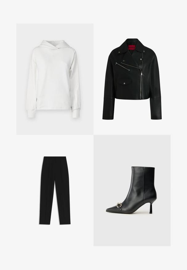 Zwarte leren cropped bikerjack met een gekartelde kraag, ritszakken en zilveren hardwaredetails. Bevat een rood logo label aan de binnenkant.; Witte hoodie met lange mouwen, gemaakt van zachte stof. Heeft een minimalistisch ontwerp en een subtiel merkje aan de voorkant.; Zwarte broeken met een rechte pasvorm, voorzien van dubbele plooien, een zachte textuur en een klassiek taillebandontwerp. Geen zichtbare hardware of accenten.; Zwarte leren enkelboot met spitse neus, slanke middenhoge hak en zilveren gespdetail aan de zijkant op een effen achtergrond.