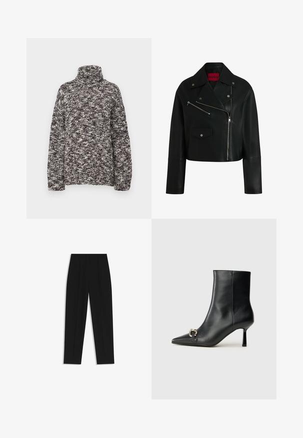 Sort læder cropped bikerjakke med en klippet krave, lynlås lommer og sølvhardware detaljer. Har et rødt logo label indeni.; Hyggelig, oversized turtleneck sweater i et sort og hvidt meleret mønster, med ribbede manchetter og kant, lavet af blødt strikmateriale.; Sorte bukser med lige pasform, der har dobbelte folder, en glat tekstur og et klassisk taljedesign. Ingen synlige hardware eller accenter.; Sort læder ankelstøvle med spidse tæer, slank hæl i mellemhøjde og sølvspænde detaljer på siden mod en ensfarvet baggrund.