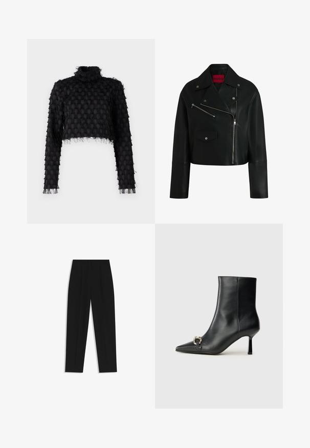 Schwarze Leder-Cropped-Bikerjacke mit Reverskragen, mit Reißverschlüssen versehenen Taschen und silbernen Hardware-Details. Hat ein rotes Logo-Etikett innen.; Schwarzes, kurzes Oberteil mit hohem Kragen, strukturiertem Muster und langen Ärmeln, die an den Kanten ausgefranst sind.; Schwarze Hose mit geradem Schnitt, doppelten Falten, einer glatten Textur und einem klassischen Bunddesign. Keine sichtbaren Beschläge oder Akzente.; Schwarze Leder-Stiefelette mit spitzer Zehe, schlankem, mittelhohem Absatz und silberner Schnalle seitlich vor einem schlichten Hintergrund.