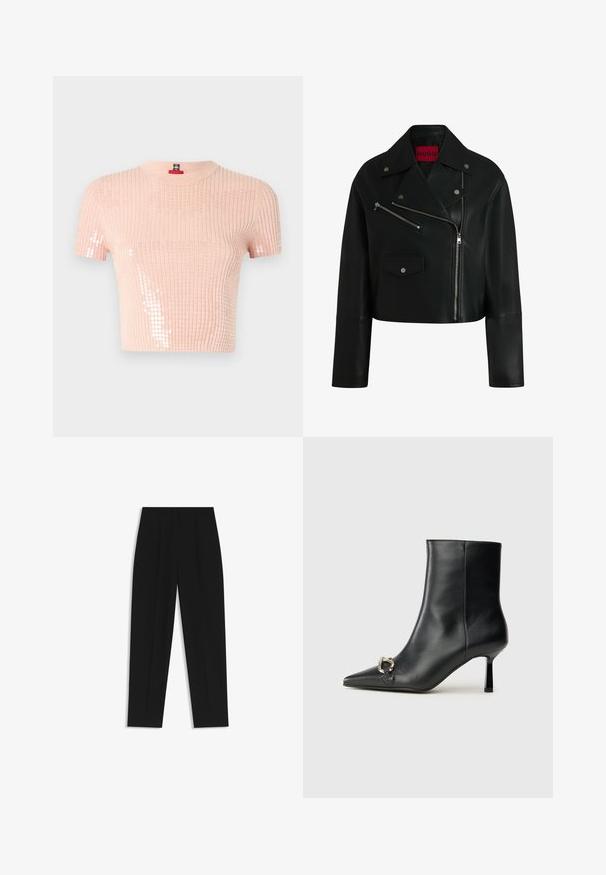 Schwarze Leder-Cropped-Bikerjacke mit Reverskragen, mit Reißverschlüssen versehenen Taschen und silbernen Hardware-Details. Hat ein rotes Logo-Etikett innen.; Helles rosa, geripptes Kurzarmoberteil mit Paillettenakzenten auf einer Seite und Rundhalsausschnitt. Weicher Stoff und verkürzte Passform.; Schwarze Hose mit geradem Schnitt, doppelten Falten, einer glatten Textur und einem klassischen Bunddesign. Keine sichtbaren Beschläge oder Akzente.; Schwarze Leder-Stiefelette mit spitzer Zehe, schlankem, mittelhohem Absatz und silberner Schnalle seitlich vor einem schlichten Hintergrund.