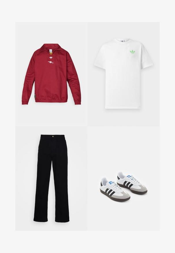 Roter Pullover mit Kragen, aus glattem Stoff gefertigt. Verfügt über ein aufgesticktes Logo auf der Brust und gerippte Bündchen. Elastischer Bund.; Weißes Baumwoll-T-Shirt mit kurzen Ärmeln, das auf der linken Brust ein kleines grünes Adidas-Logo zeigt. Einfaches, klassisches Design mit Rundhalsausschnitt.; Schwarze, hochtaillierte, gerade geschnittene Jeanshose aus Denim mit glatter Textur, ausgestattet mit einem vorderen Knopfverschluss und einem Fünf-Taschen-Design.; Sportschuhe mit einem Obermaterial aus weißem Leder, grauer Wildleder-Zehenkappe und drei schwarzen Streifen. Sie verfügen über ein blaues Logo auf der Zunge und eine strukturierte Gummisohle.