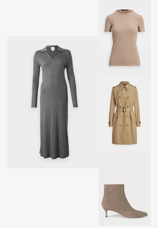 Casaco trench bege com design de abotoamento duplo, botões dourados, ombreiras, cinto na cintura e bolsos laterais. Tecido liso e resistente.; Vestido cinza de mangas longas feito de um tecido suave, com gola e um design fluido, apresentando uma fenda lateral na parte inferior.; Lauren Ralph Lauren STRETCH COTTON CREWNECK TEE - T-shirt básica - adirondack heather; Botim de tornozelo em camurça cinza com bico fino e salto kitten, apresentando um detalhe de logotipo próximo ao topo e uma superfície lisa e texturizada.