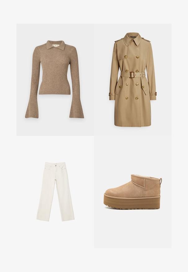 Trench-coat beige avec une coupe croisée, boutons dorés, épaulettes, taille ceinturée et poches latérales. Tissu lisse et robuste.; DESIGNERS REMIX CARMEN COLLAR - Pullover - camel; Jean blanc à jambe large en denim, avec une taille haute, des poches avant et une fermeture à bouton. Design épuré avec des accents minimalistes.; Bottines en suede beige avec un intérieur moelleux, dotées d'une semelle compensée et d'une languette à l'arrière pour un enfilage facile. Semelle extérieure en caoutchouc texturé.